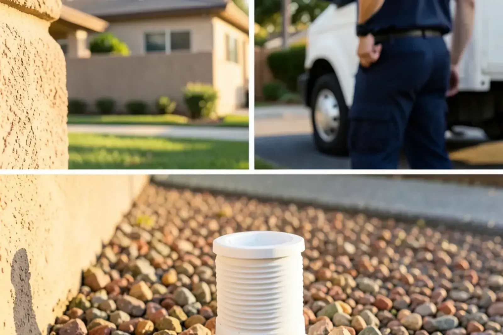 Exterior sewer cleanout riser located beside a home foundation in Los Angeles County