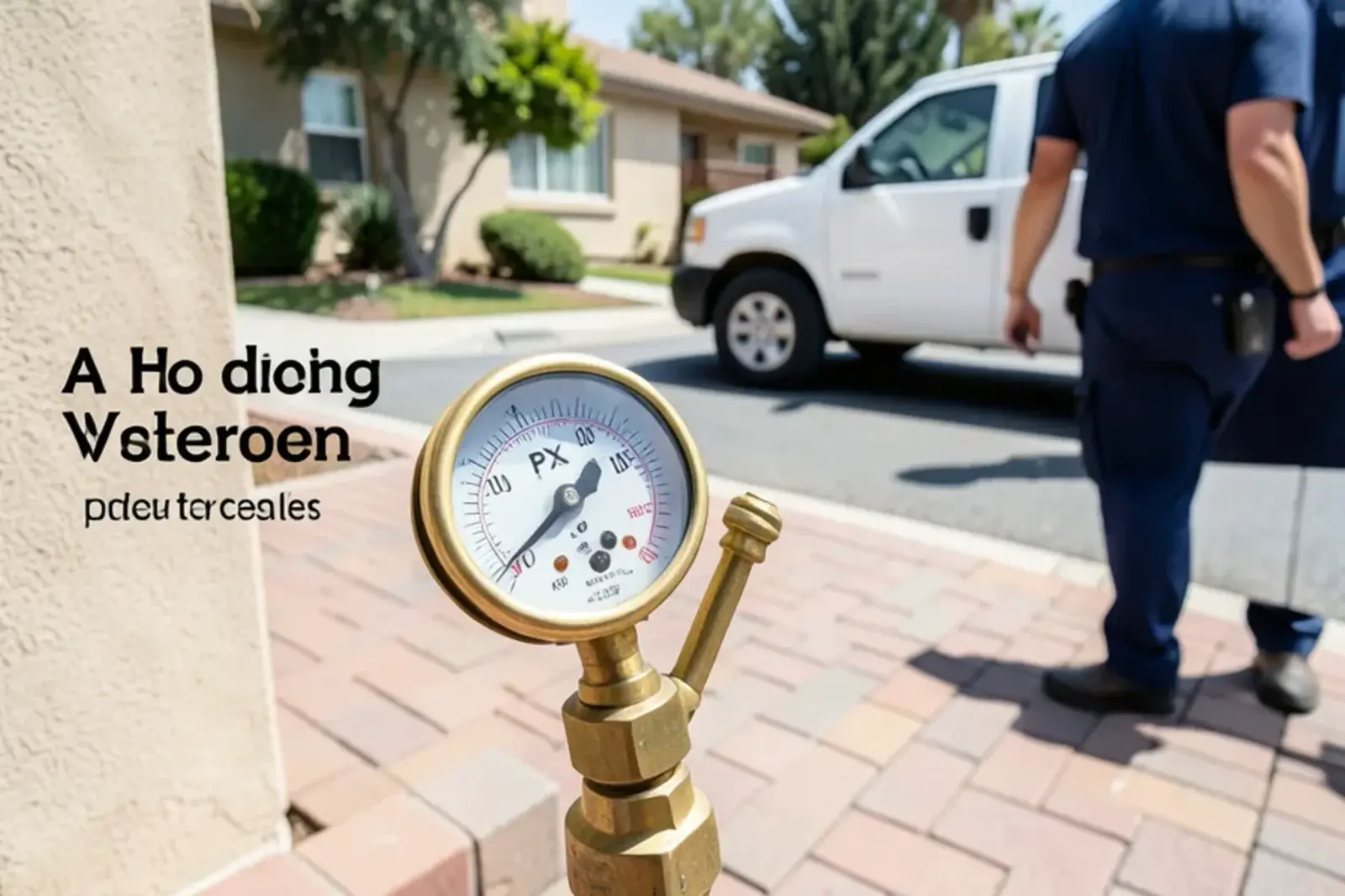 Water pressure test gauge connected to an outdoor hose bibb in Los Angeles County
