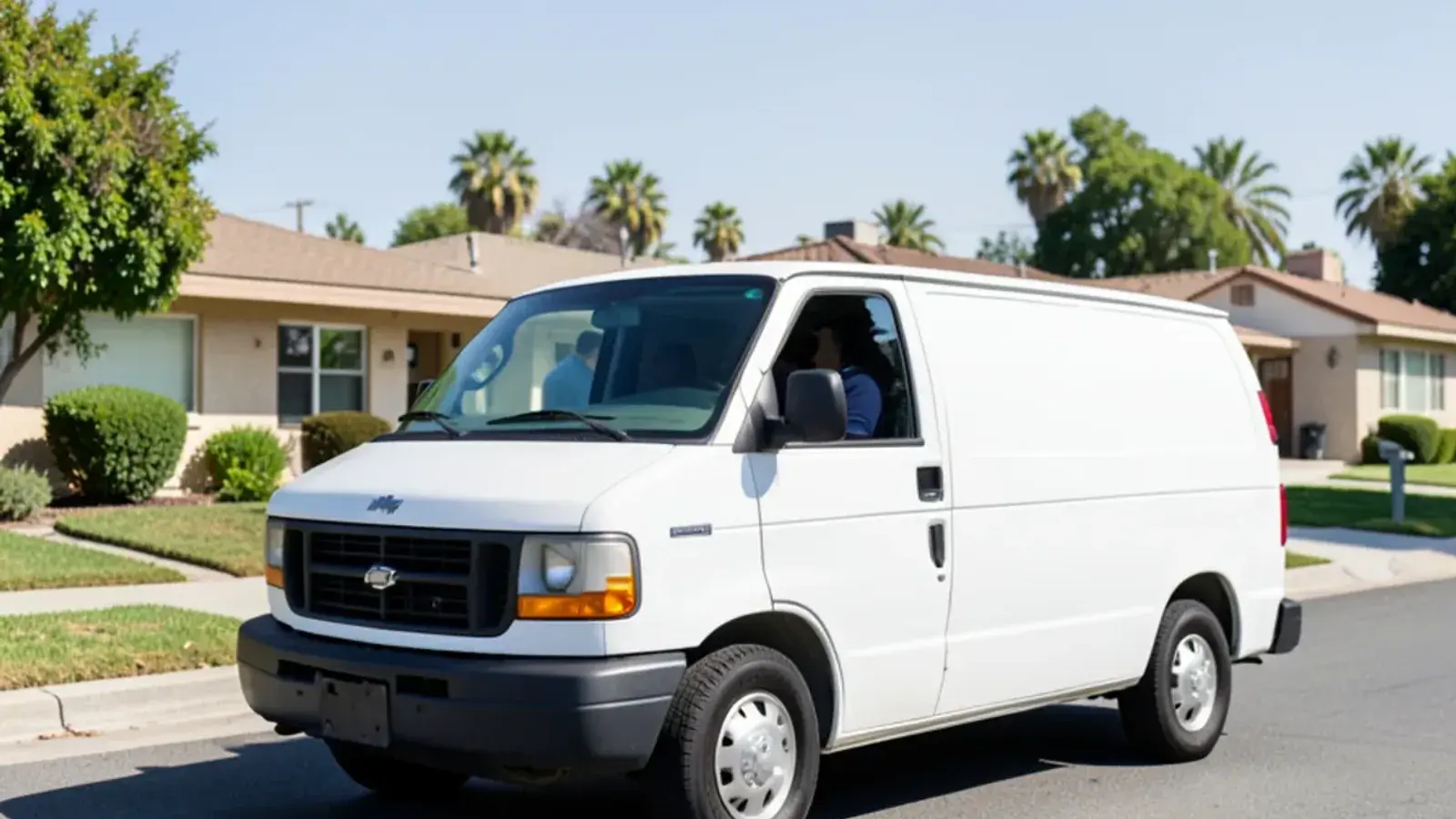 Plumbing service van parked in a residential neighborhood in Los Angeles County