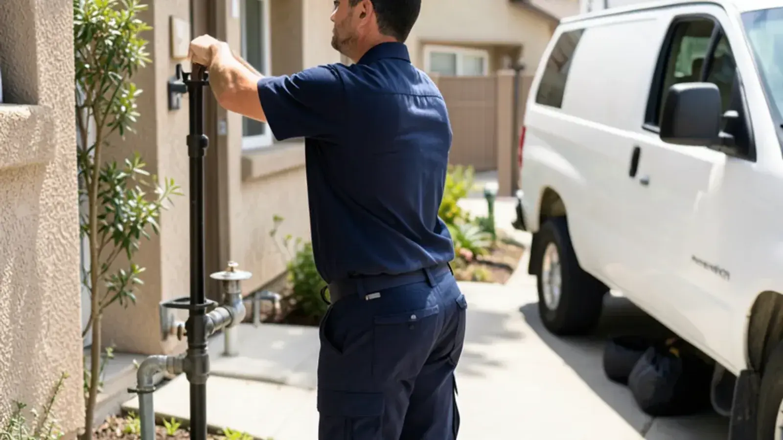Plumbing technician examining residential fixtures for gas safety and meter shutoff protocols after an earthquake