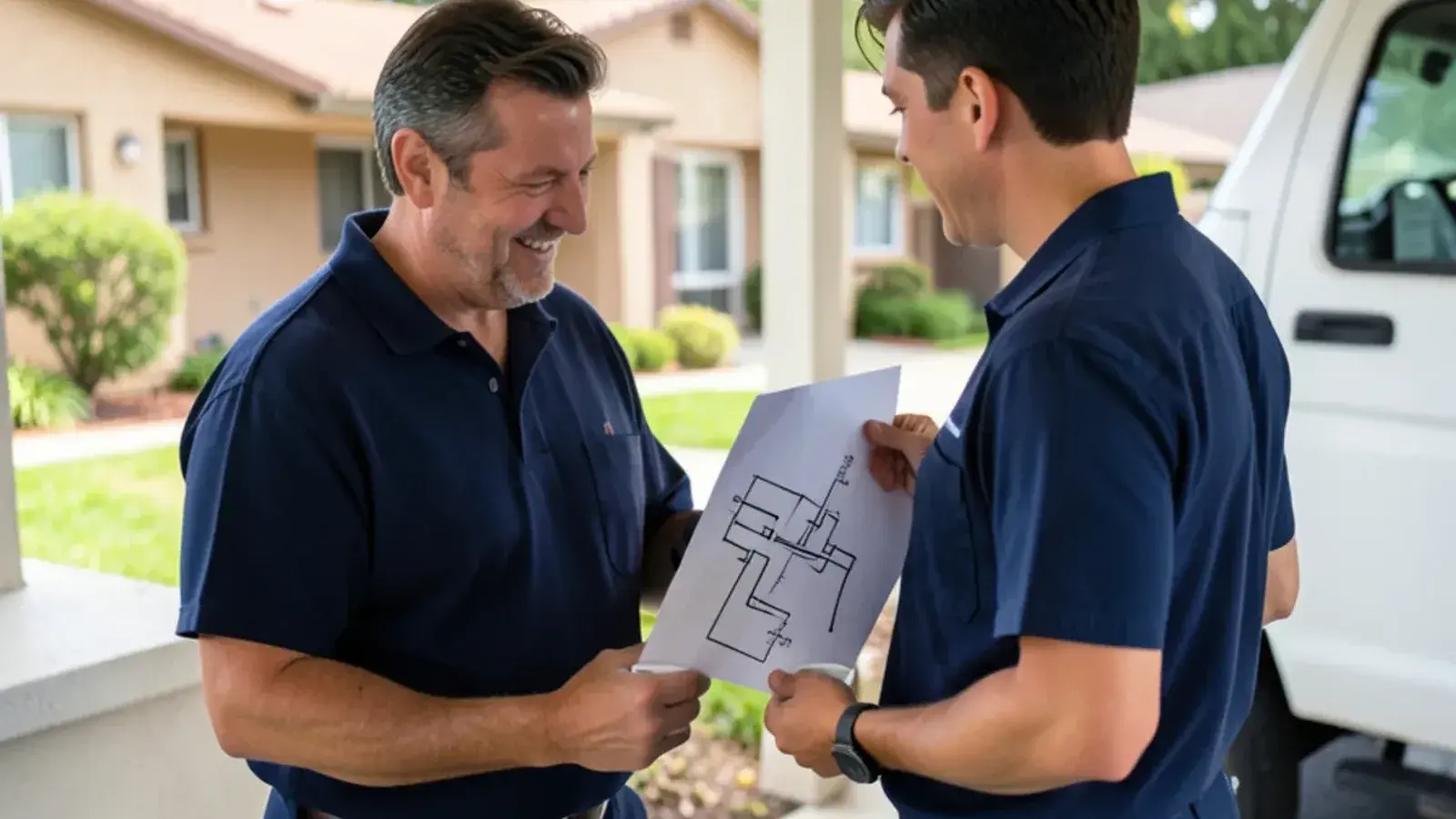 Plumber explaining plumbing blueprints and pipe layouts on a clipboard to a homeowner