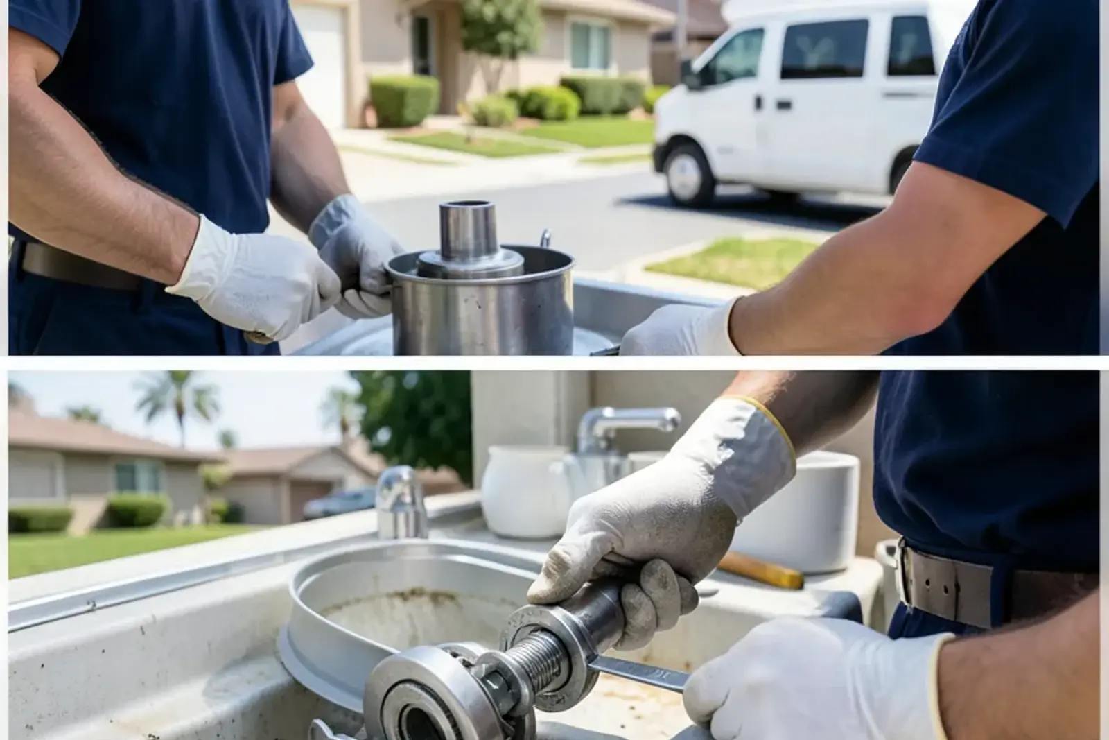 Plumber installing durable garbage disposal repair components in a home