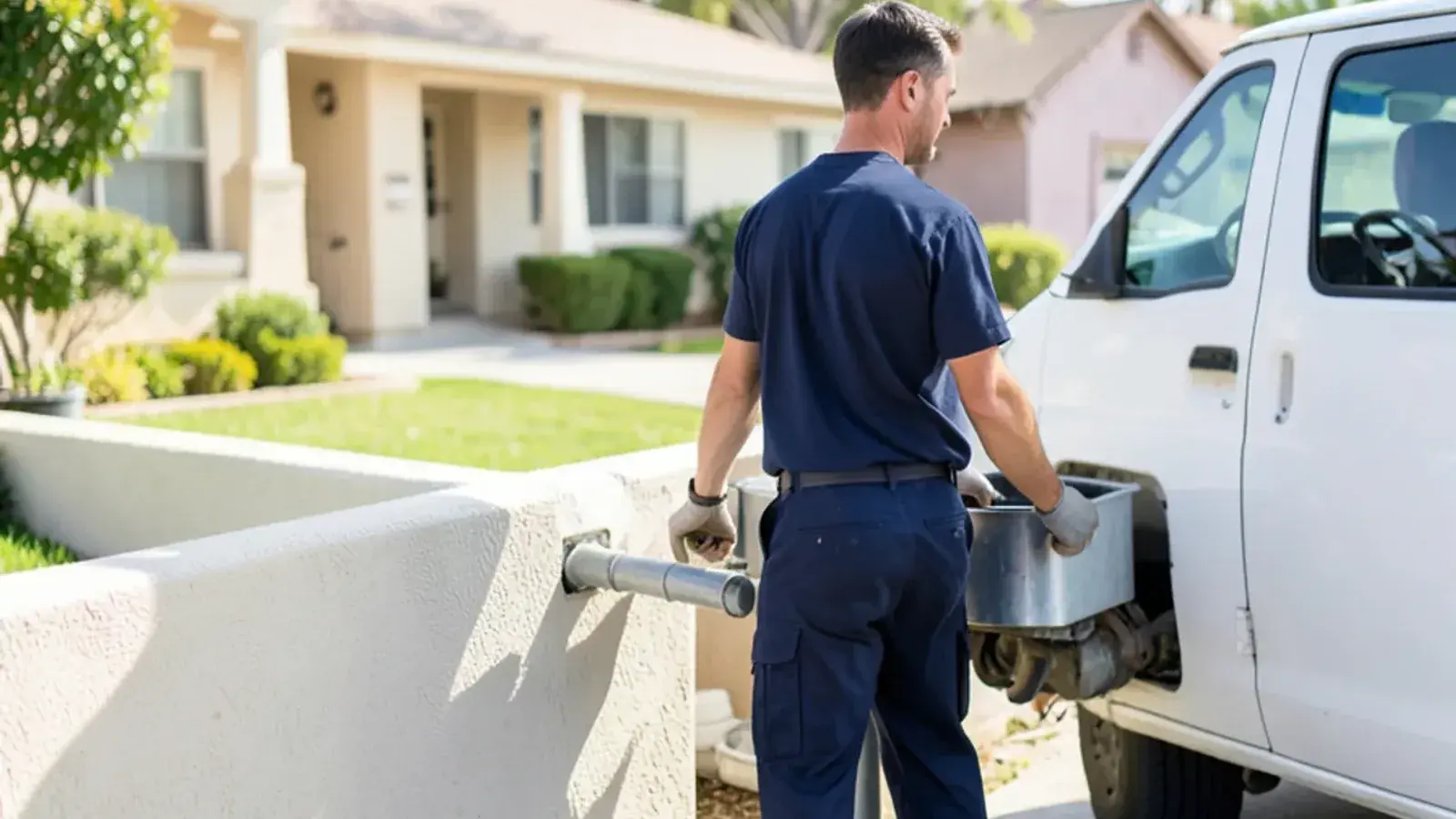 Plumbing technician performing garbage disposal repair for a residential property in Los Alamitos